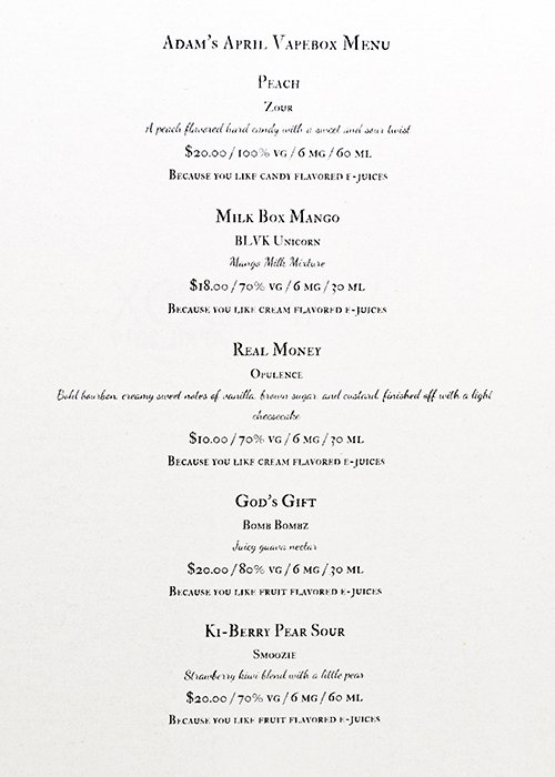 April Vapebox Menu April Vapebox Menu